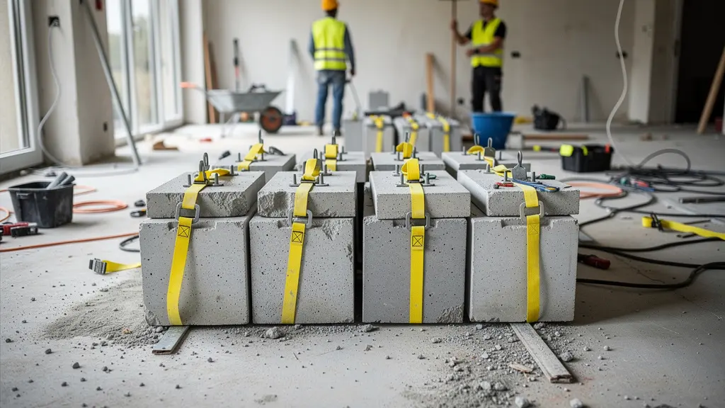 Blocs de béton calibrés découpés au sciage avec sangles de levage sur chantier