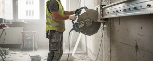 Technicien BTP supervisant une scie murale sur rails découpant un mur béton armé