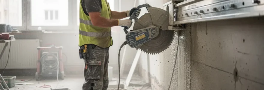 Technicien BTP supervisant une scie murale sur rails découpant un mur béton armé