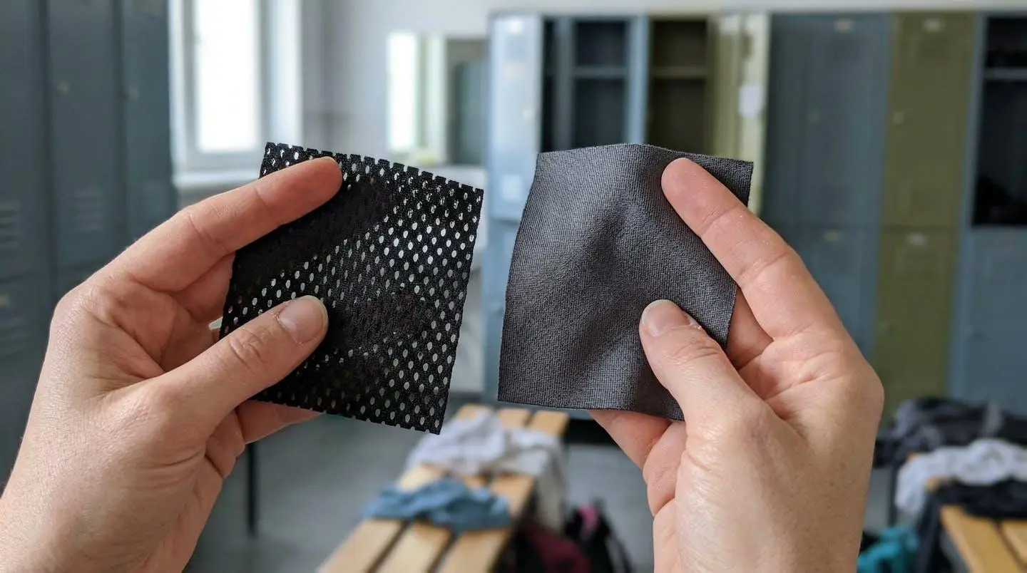 Deux mains tiennent et comparent deux morceaux de tissu de textures différentes, un mesh aéré et un tissu compact, dans un vestiaire éclairé par une fenêtre