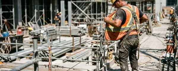 Un ouvrier vu de trois-quarts dos ajuste sa veste de travail sur un chantier ensoleillé, avec des échafaudages flous en arrière-plan