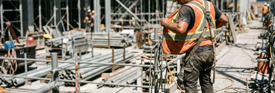 Un ouvrier vu de trois-quarts dos ajuste sa veste de travail sur un chantier ensoleillé, avec des échafaudages flous en arrière-plan