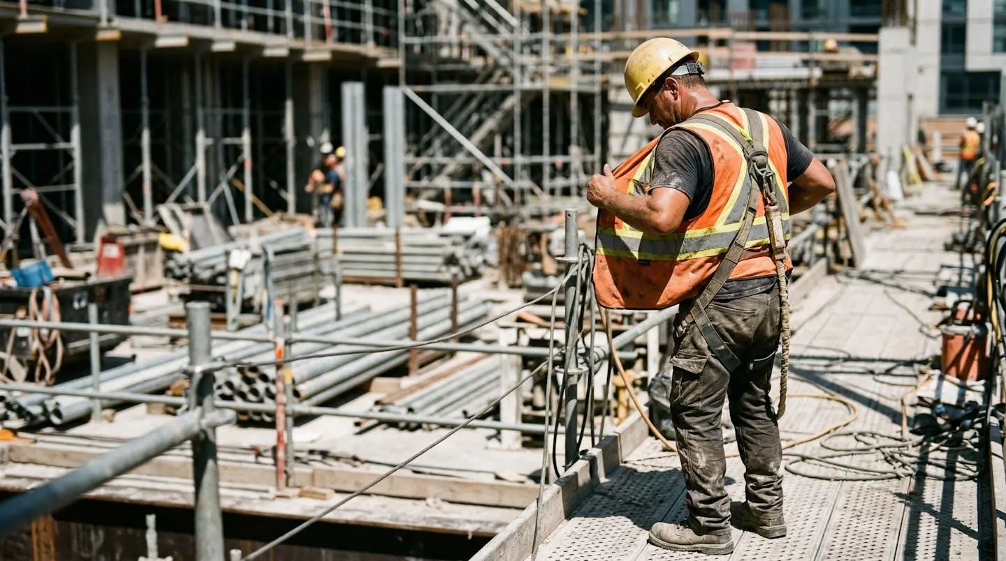 Un ouvrier vu de trois-quarts dos ajuste sa veste de travail sur un chantier ensoleillé, avec des échafaudages flous en arrière-plan