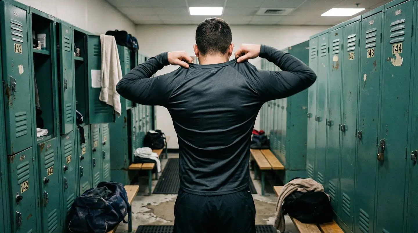 Une personne vue de dos enfile un t-shirt technique près de casiers de vestiaire, mouvement naturel avec léger flou, éclairage LED standard