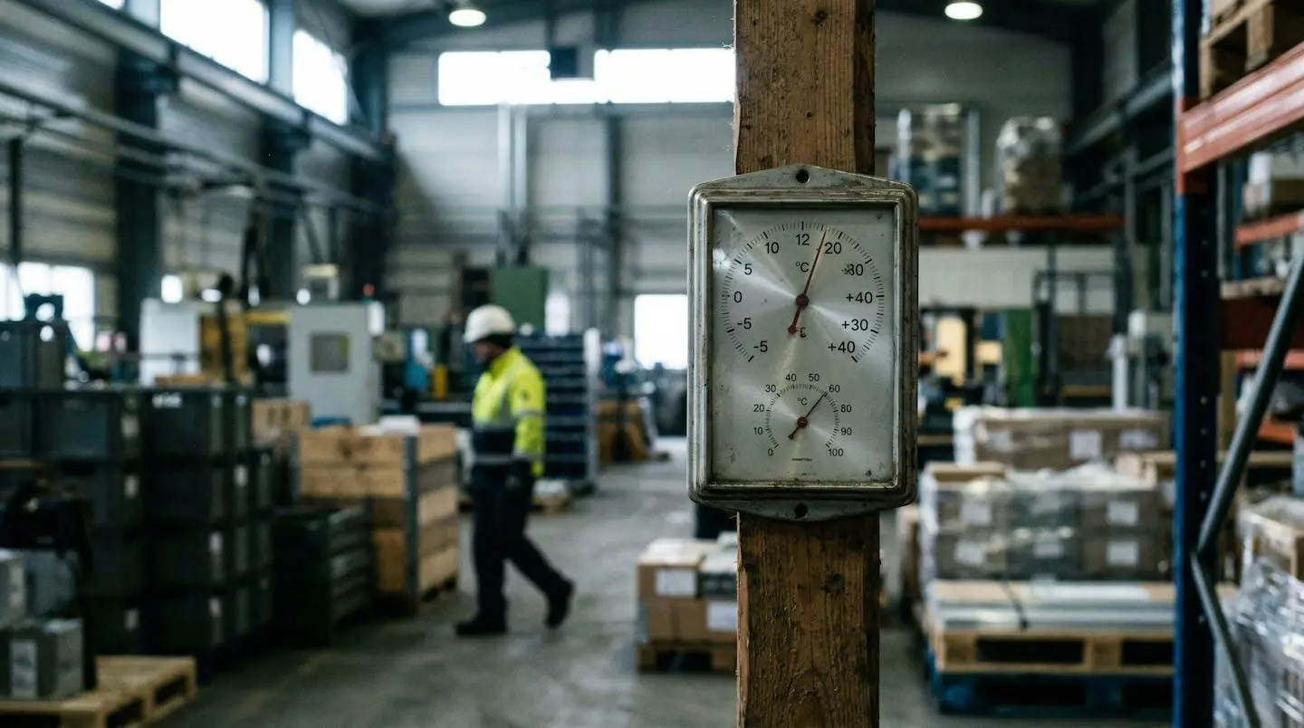 Un thermomètre ou une station météo au premier plan dans un entrepôt industriel, avec la silhouette floue d'un travailleur en arrière-plan sous un éclairage artificiel